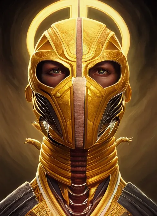 Image similar to symmetry!! portrait of scorpian, mortal kombat, global illumination!! intricate, elegant, highly detailed, digital painting, artstation, concept art, smooth, sharp focus, illustration, art by artgerm and greg rutkowski and alphonse mucha