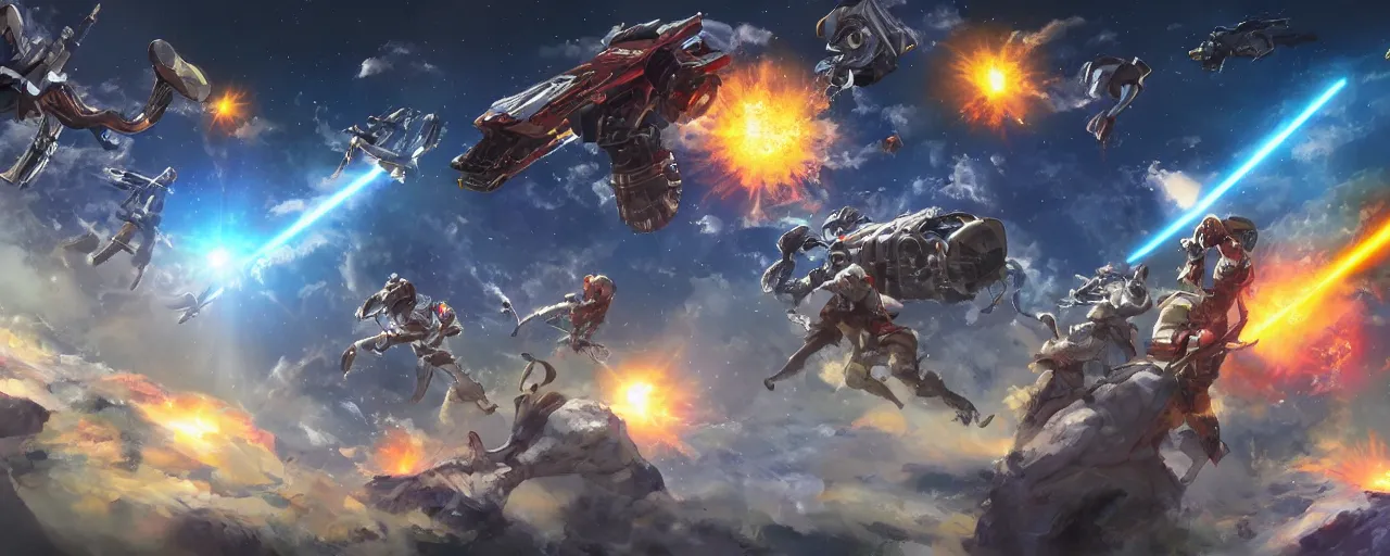 Image similar to fantasy epic monkey gunfight in space, laser guns, anime, concept art, 4 k