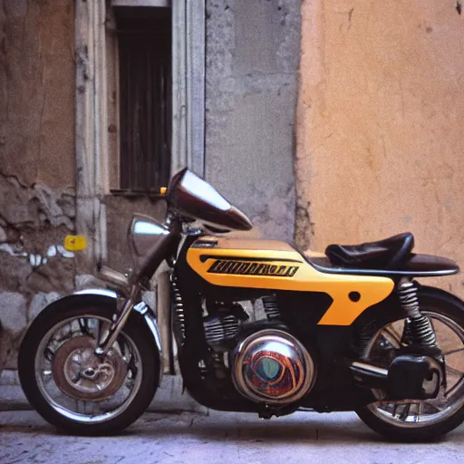 Image similar to photo of cyberpunk motorbike, in rome near coliseum. 2 4 mm lens, leica m 5, kodachrome