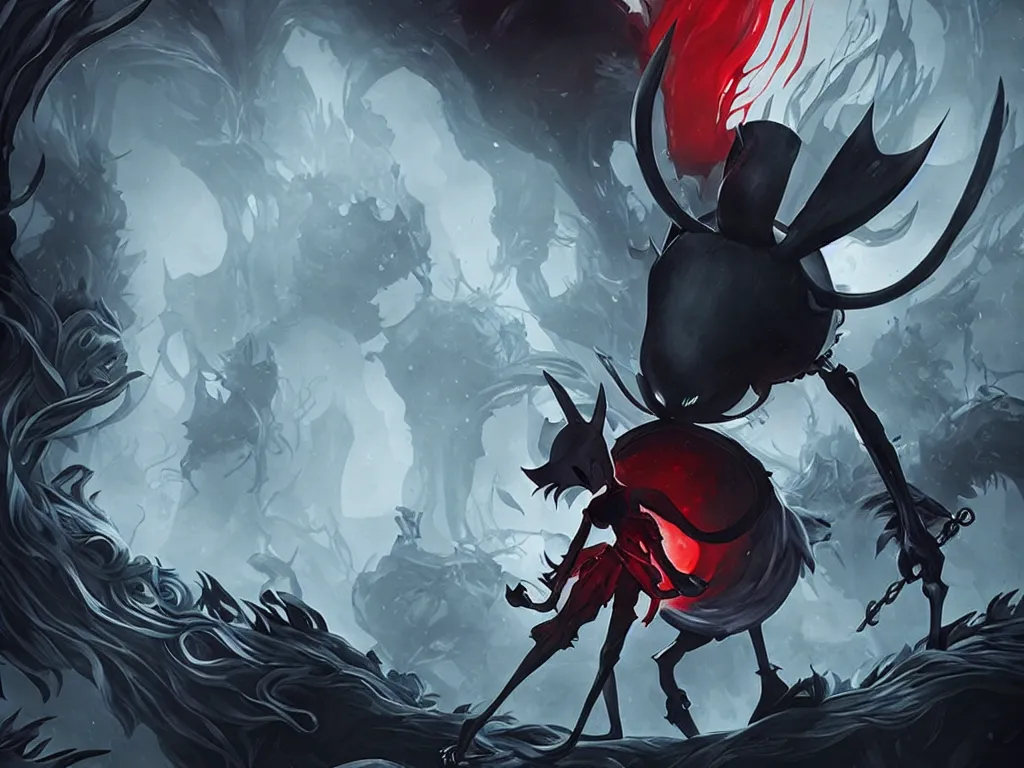 Image similar to cover art for hollow knight. Ominous. High detail. No text. Red. Colors. nightmare king grimm. Sharp. 4K 8K. Detailed shapes.