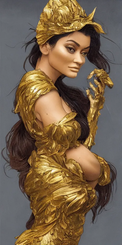 Image similar to Kylie Jenner as a golden statue, highly detailed, digital painting, artstation, concept art, smooth, sharp focus, illustration, ArtStation, art by artgerm and greg rutkowski and alphonse mucha and J. C. Leyendecker and Edmund Blair Leighton and Katsuhiro Otomo and Geof Darrow and Phil hale and Ashley wood and Ilya repin and Charlie Bowater