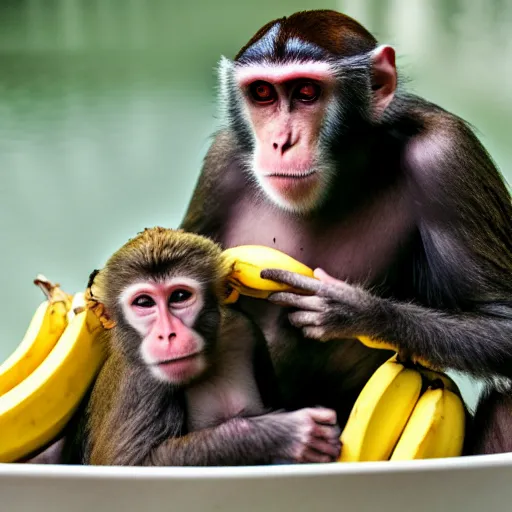 Prompt: monkeys bathing in a tub and eating bananas, national geographic