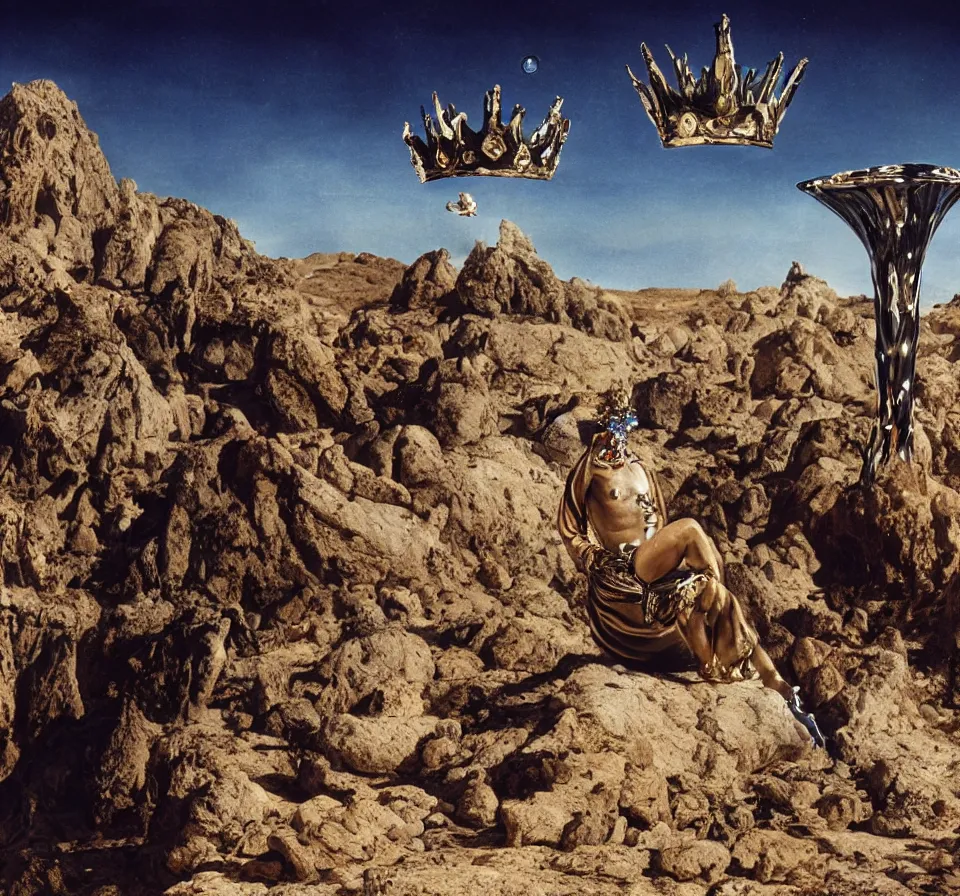 Image similar to portrait of salvador dali wearing a crown and costume with jewels in a dry rocky desert landscape, visible sky and sunny atmosphere, alien spaceship by giger, film still from the movie by alejandro jodorowsky with cinematogrophy of christopher doyle and art direction by hans giger, anamorphic lens, kodakchrome, very detailed photo, 8 k