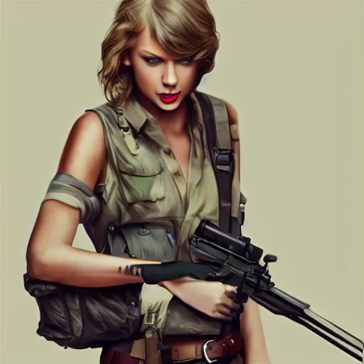 Prompt: Taylor Swift carrying a rifle, photorealistic, trending on artstation