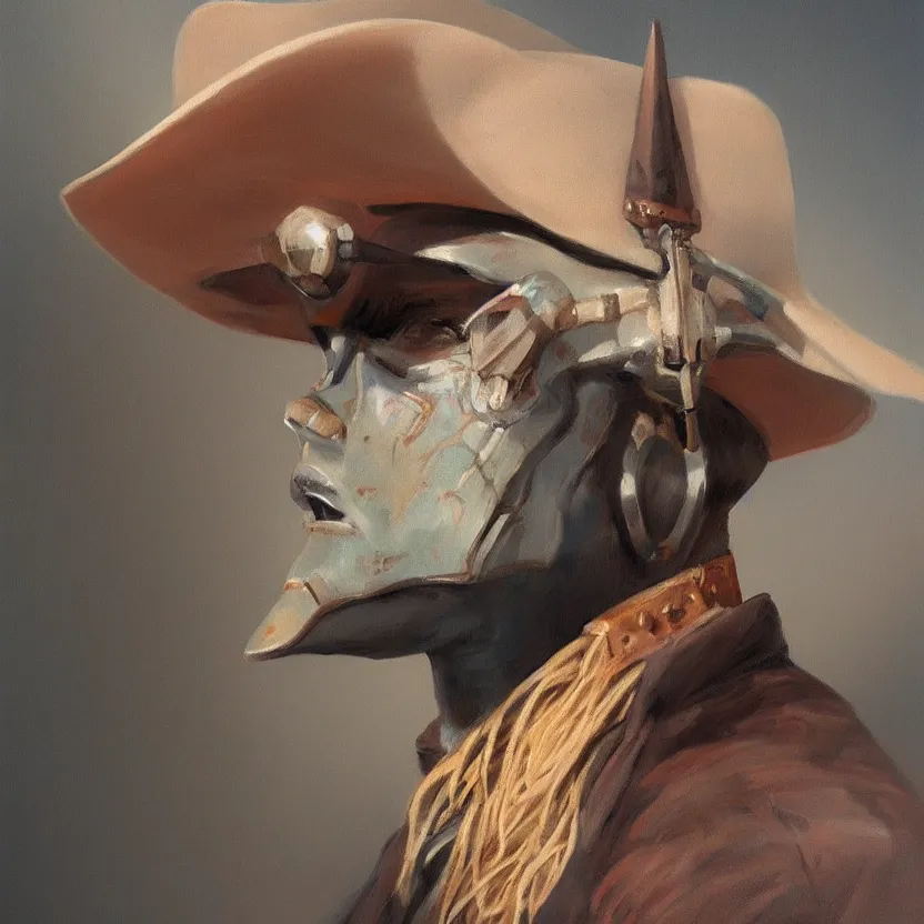 Image similar to portrait painting of a tribal alien cowboy. muted colors, soft gradients. trending on artstation. retrofuturism.