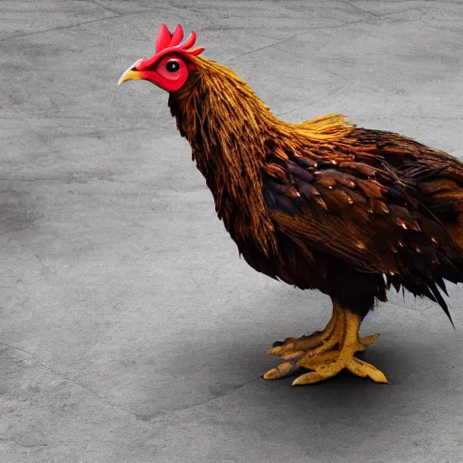 Prompt: a giant, brown war chicken with glowing red eyes and sharp claws