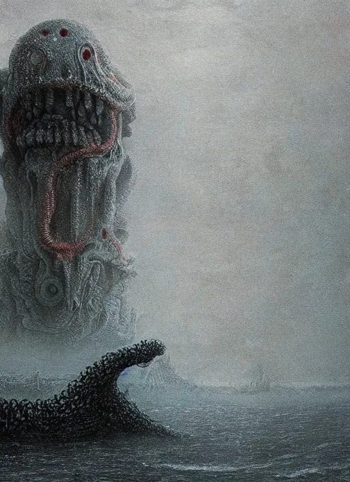 Image similar to a giant lovecraftian sea creature destroying an underwater city by beksinski