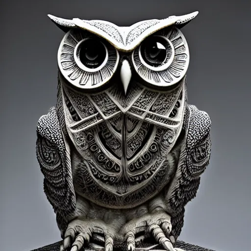 Prompt: symmetrical detailed sculpture of an owl, made by HR Giger
