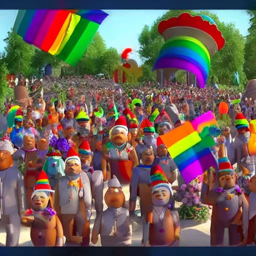 Image similar to the pride gay parade of gnomes in Dushanbe, super detailed high resolution cinematic scene