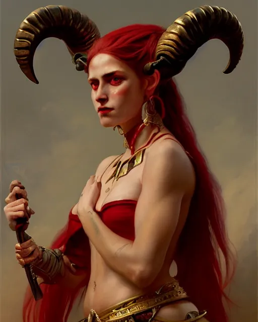 Prompt: painted close - up portrait of a red - skinned intimidating demon girl with ram horns. oil painting, wearing a noblewoman's outfit, fantasy art by greg rutkowski and john singer sargent and gaston bussiere and greg rutkowski, demon noble character design, hd