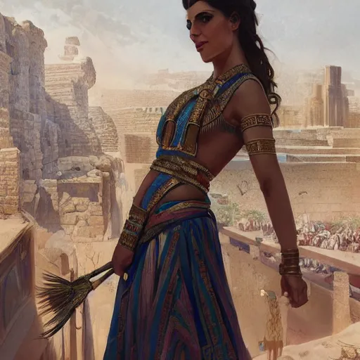 Image similar to A well dressed sumerian woman in a major Mesopotamian city, highly detailed, digital painting, artstation, concept art, sharp focus, illustration, cinematic lighting, art by artgerm and greg rutkowski and alphonse mucha