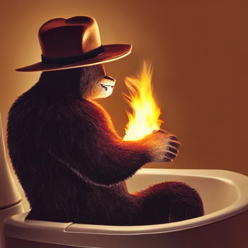 Image similar to UHD candid photo of Smokey The Bear in the lavatory sitting on a porcelain throne, playing with fire, by Annie leibowitz, photorealisitc, extremely detailed