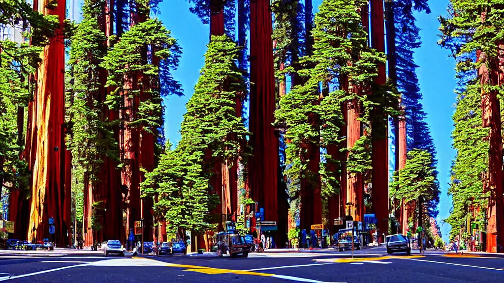 Prompt: Market Street lined with Redwood Trees by bruce mccall; Futuristic City in Harmony with Nature; Location: San Francisco, California;