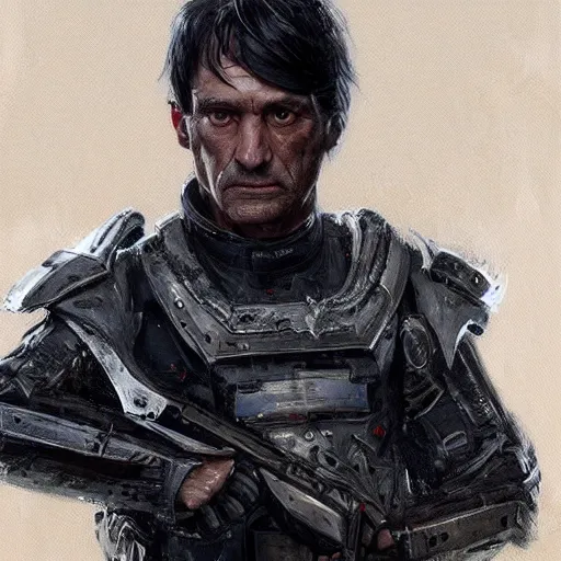 Image similar to Portrait of a man by Greg Rutkowski, he is about 60 years old, short black hair with bangs, his features are a mix between French, Turkish and Russian, expression of contempt, sorrow and resignation, he is wearing a futuristic tactical gear, highly detailed portrait, digital painting, artstation, concept art, smooth, sharp foccus ilustration, Artstation HQ.