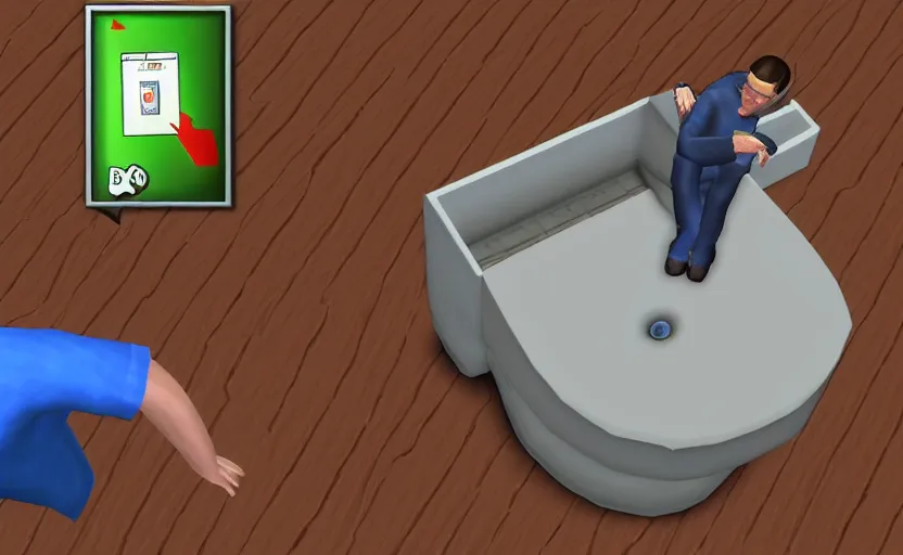 Image similar to bill gates pissing his pants in the sims 2, pc screenshot, top down zoomed in