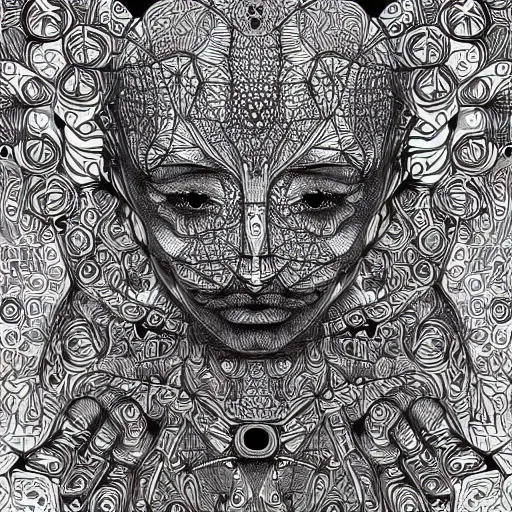 Image similar to Geometrically surreal Artificially Intelligent humanoid, extremely high detail, photorealistic, intricate line drawings, dotart, album art in the style of James Jean