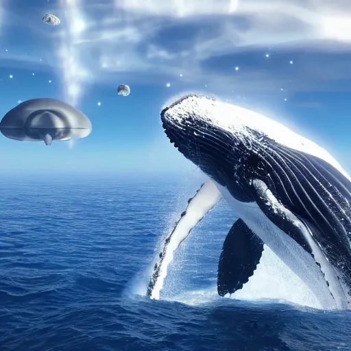 Image similar to high quality photo of big whale floating in space, photorealism, 8k, rendered by unreal engine