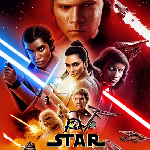 Image similar to super detailed star wars movie poster with Jesus Christ and kim kardashian, 8k full HD photo, cinematic lighting, anatomically correct, oscar award winning, action filled, correct eye placement,