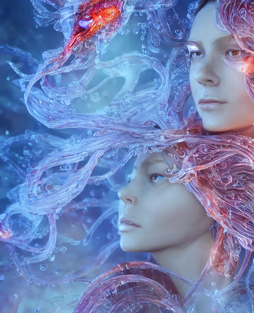 Image similar to close-up macro portrait of the face of a beautiful princess, epic angle and pose, symmetrical artwork, 3d with depth of field, blurred background, cybernetic jellyfish female face skull phoenix bird, translucent, nautilus, energy flows of water and fire. a highly detailed epic cinematic concept art CG render. made in Maya, Blender and Photoshop, octane render, excellent composition, cinematic dystopian brutalist atmosphere, dynamic dramatic cinematic lighting, aesthetic, very inspirational, arthouse. y Greg Rutkowski, Ilya Kuvshinov, WLOP, Stanley Artgerm Lau, Ruan Jia and Fenghua Zhong