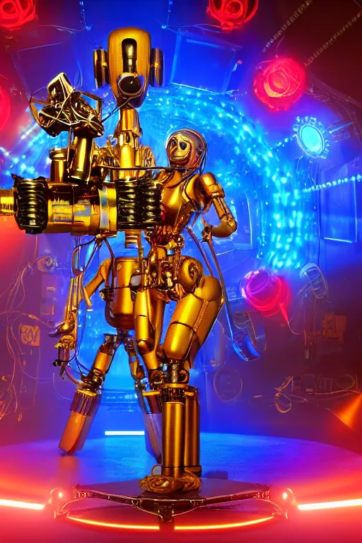 Image similar to portrait photo of a giant huge golden and blue metal humanoid female steampunk robot singer with headphones and microphone and gears and tubes, in the foreground is a big red glowing microphone on a tripod, eyes are glowing red lightbulbs, shiny crisp finish, 3 d render, 8 k, insaneley detailed, fluorescent colors, background is multicolored lasershow