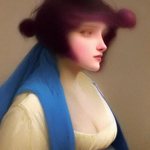 Image similar to a young woman's face, her hair is white and she wears a cobalt blue satin cloak, by ivan aivazovsky and syd mead and moebius and gaston bussiere and roger dean and pieter claesz and paul delaroche and alma tadema and aelbert cuyp and gerard borch, hyperrealistic, volumetric light, octane render