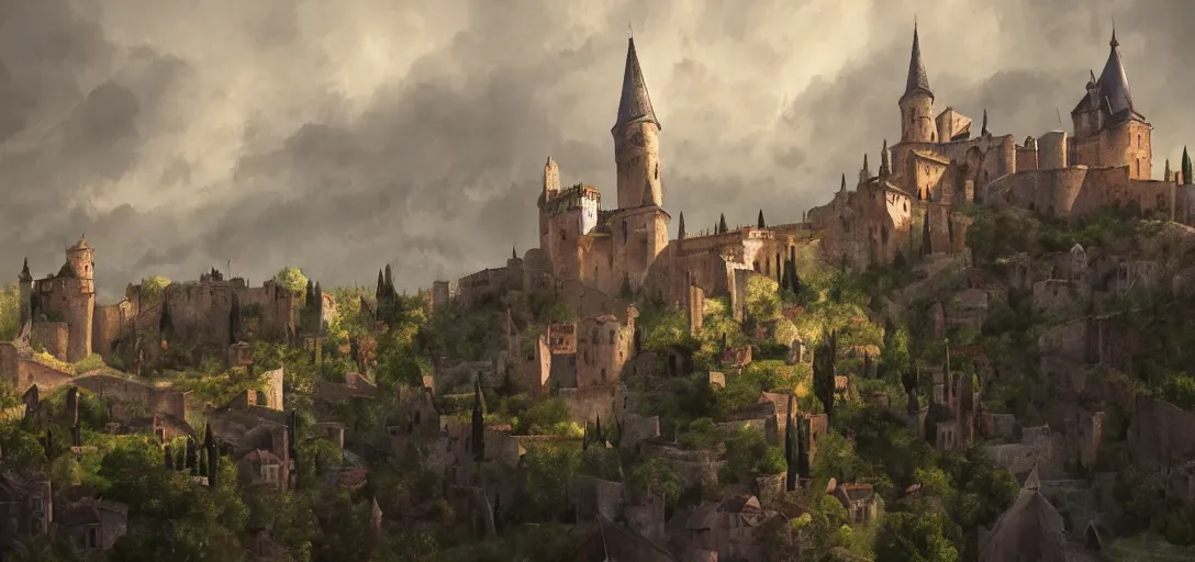 Image similar to castle with pointed spires, lourmarin, landscape, alex ross, eddie mendoza, raphael lacoste, sebastian ludke, concept art, matte painting, highly detailed, rule of thirds, dynamic lighting, cinematic, detailed, magnificiant landscape, denoised, centerd