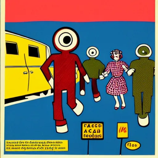 Image similar to in the style of 1960s, A scary robot is chasing after a bunch of scared adults with fully detailed faces, down the street, fully detailed , faces in focus