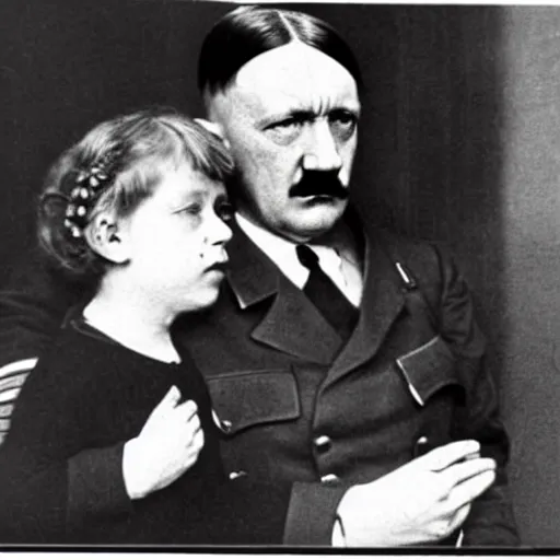 Image similar to Adolf Hitler's mom is holding his ears as a punishment