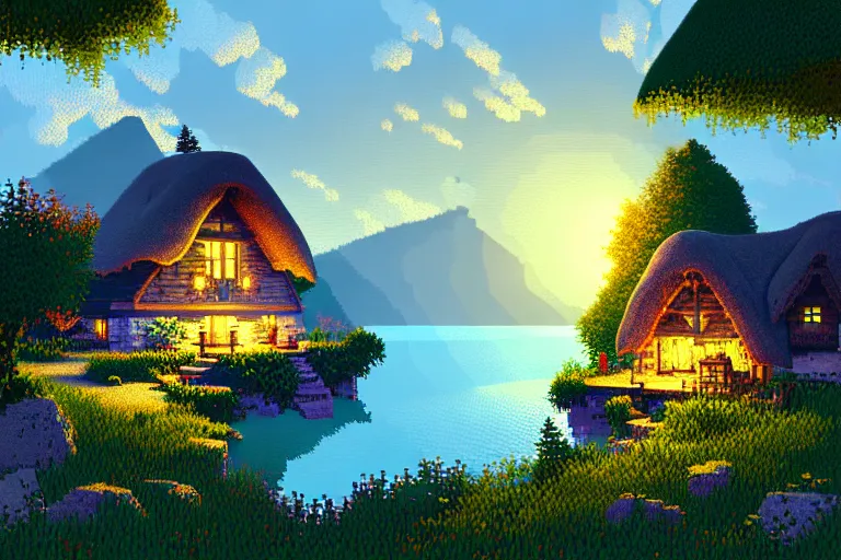 Image similar to view of a cottage above an azure lake, beautiful detailed pixelart by albertov and by wlop, intricate details, dithered gradients, beautiful, volumetric lighting, cgsociety, artstation