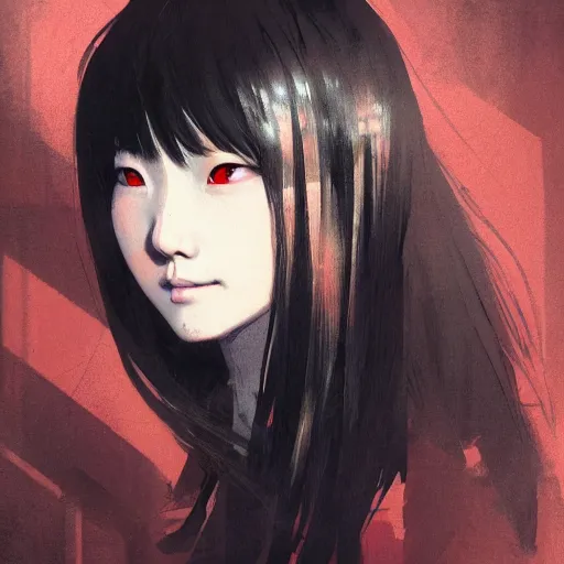 Image similar to full body portrait of a korean schoolgirl with long hair and bangs, her hands are thin red tedrils, dramatic lighting, illustration by Greg rutkowski, yoji shinkawa, 4k, digital art, sci-fi horror concept art, trending on artstation