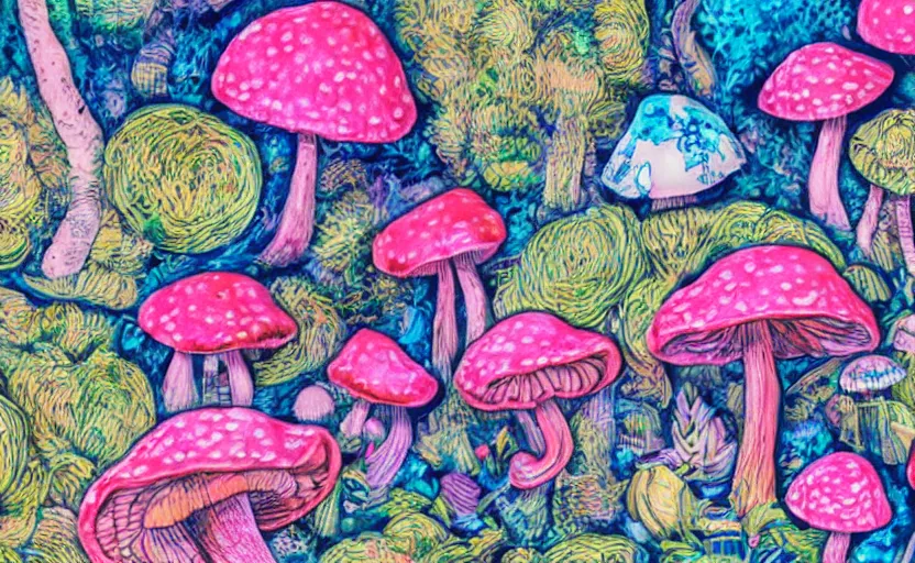 Image similar to hyperdetailed mushrooms, seen from the distance at night. in a wood made of paper and unexpected interesting fabric elements. 8 x 1 6 k hd mixed media 3 d collage in the style of a childrenbook illustration in pastel neon tones. shiny matte background no frame hd