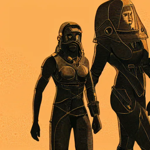 Prompt: smooth detailed vector cutout of retrofuture tattooed stoic heroic emotionless dirty butch blonde woman engineer with very short messy dirty hair, martian dust storm, walking with tall bronze - skinned black - haired hyper - muscular warrior woman, on mars, in dust storm, rough paper, sci fi, behance hd