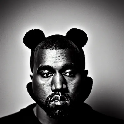 Image similar to a ( ( chiaroscuro lighting portrait ) ) of kanye west ( ( ( dressed as teddy bear mascot ) ) ), black background, ( ( ( portrait by julia margaret cameron ) ) ), shallow depth of field, 8 0 mm, f 1. 8