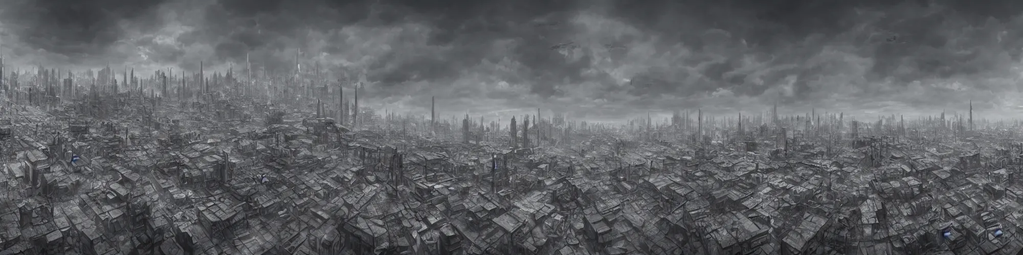 Prompt: panoramic photo of dystopian city right before the bombs hit, matte painting, greyscale, 4 k, concept art