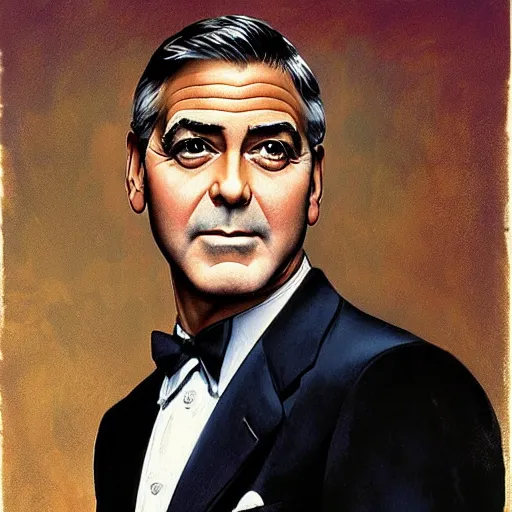 Prompt: George Clooney, highly detailed illustration, portrait painting by Norman Rockwell