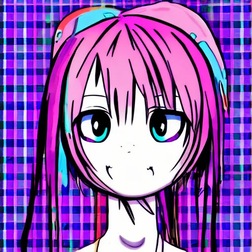 Image similar to emo anime girl, scene, rainbowcore, vhs monster high, glitchcore witchcore, checkered spiked hair, pixiv