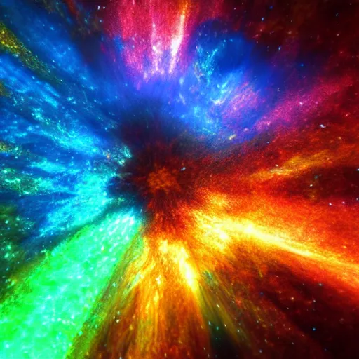 Image similar to ultrarealistic rainbow supernova, intricate details, hyper realistic, 4 k uhd, unreal engine 5, ray tracing, ultrawide shot