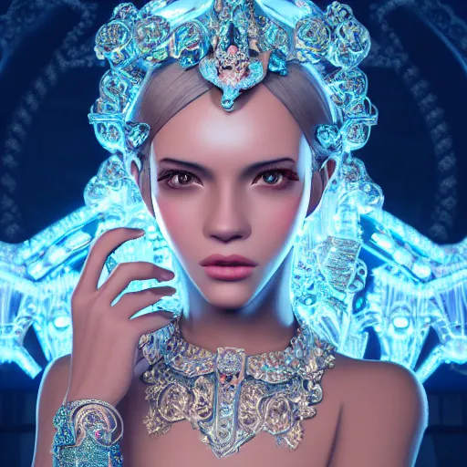 Image similar to portrait of pretty princess with perfect skin, glowing, ornate and intricate sapphire jewelry, jaw dropping beauty, glowing backdrop, white accent lighting, hyper detailed, 4 k octane render