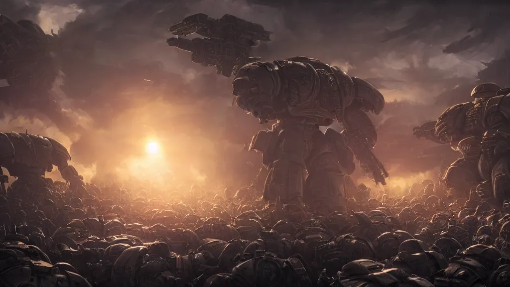 Image similar to a photorealistic hyperrealistic render of an epic close quarters last stand battle between an outnumbered squad of space marines and genestealers from warhammer 4 0 k by greg rutkowski, james paick, wlop, nicolas bouvier sparth, artgerm, dramatic moody sunset lighting, long shadows, volumetric, cinematic atmosphere, octane render, artstation, 8 k