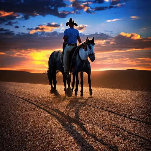 Image similar to lone cowboy walking his horse down a road into the sunset, desert, real photo, photo realism, sad