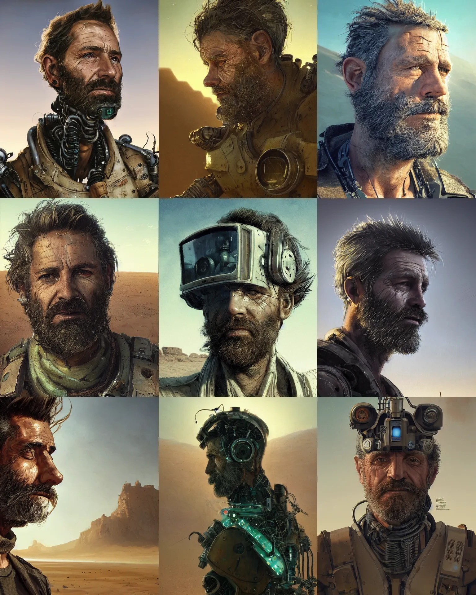 Prompt: a rugged middle aged engineer man with cybernetic enhancements and weird hair lost in the desert, scifi character portrait by greg rutkowski, esuthio, craig mullins, short beard, green eyes, 1 / 4 headshot, cinematic lighting, dystopian scifi gear, gloomy, profile picture, mechanical, half robot, implants, steampunk