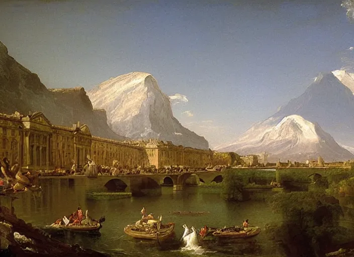 Image similar to painting of the louvre museum in front of beautiful mountains by thomas cole