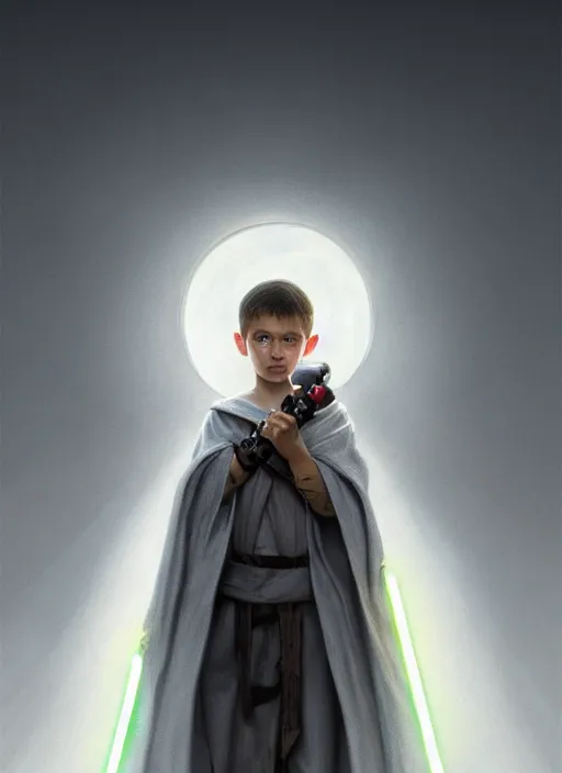 Image similar to perfectly - centered - portrait of a kid wearing grey cloak holding light saber, intricate, highly detailed, digital painting, artstation, concept art, smooth, sharp focus, illustration, unreal engine 5, 8 k, art by artgerm and greg rutkowski and alphonse mucha