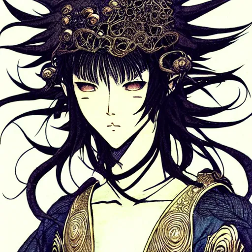 Image similar to prompt: human Fragile looking character soft light portrait face drawn by Takato Yamamoto, modernistic looking armor with wild hairstyle, inspired by Evangeleon anime, alchemical objects on the side, soft light, intricate detail, intricate ink and gouache painting detail, manga and anime 1990 high detail, manga 1990