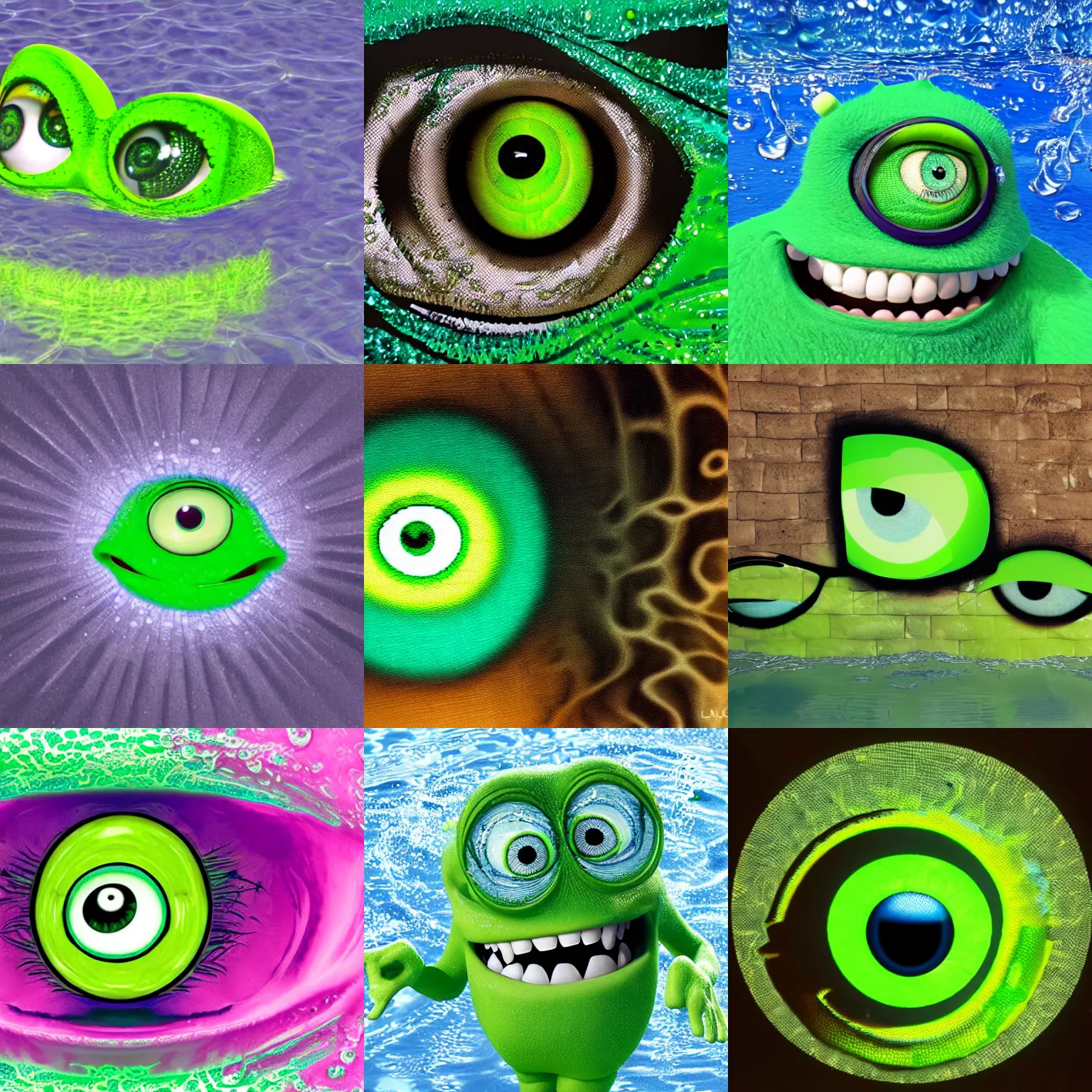 Prompt: Mike Wazowski covered in water caustics