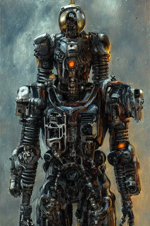 Image similar to portrait of demonic gothic Tom Cruise in mechanical power armor, cyberpunk, Warhammer, highly detailed, artstation, illustration, art by Gustav Klimt