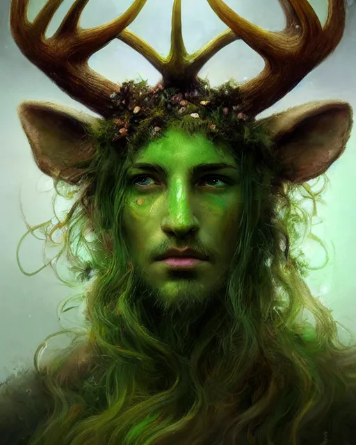 Image similar to druid, perfect face, antlers, green tunic, cinematic, stunning, highly detailed, digital painting, artstation, smooth, hard focus, illustration, art by jessica rossier and and brian froud