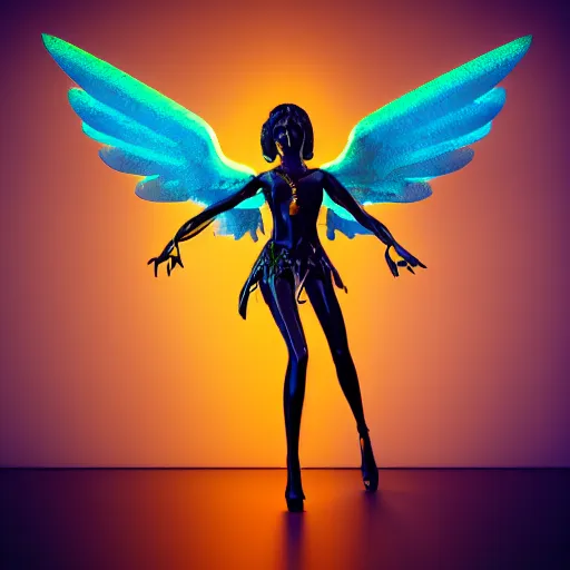 Image similar to gorgeous gothic angel in a neon city, masterpiece render, extremely detailed