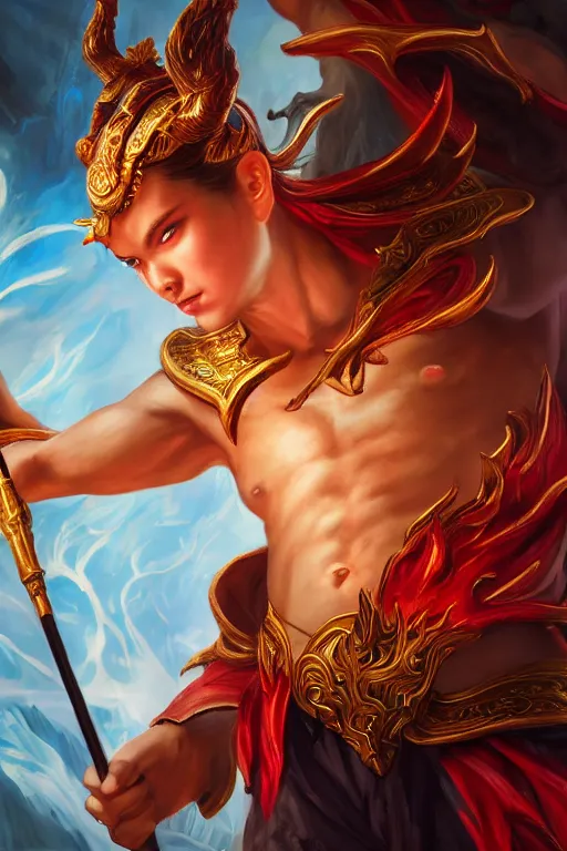 Image similar to a masterpiece portrait of nezha, legendary god holding spear, boy, flame everywhere, epic pose, fantasy character portrait, closeup shot, hyper detailed, digital painting, 8 k realistic, trending on artstation, sharp focus, dof, by fenghua zhong, artgerm, ne zha from smite, jeff easley, raymond swanland