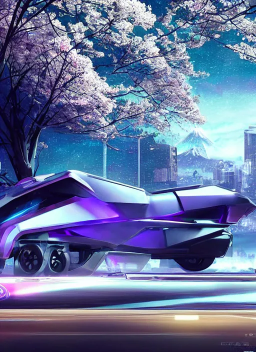 Prompt: a futuristic crystalpunk tesla cyber truck vehicle hover craft in the future of 2 0 8 9 futuristic version, cyberpunk look. digital art. trending on artstation. cyberpunk look hovering by mount fuji early in the morning with a few blossom trees around, high quality photo